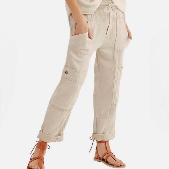 Free People Feeling Good Utility Cargo Pull On Linen Pants - Picture 2 of 10
